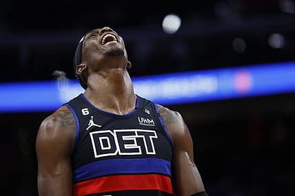 Feb 10, 2023; Detroit, Michigan, USA;  Detroit Pistons center Jalen Duren (0) reacts to a call in the first half against the San Antonio Spurs at Little Caesars Arena. Mandatory Credit: Rick Osentoski-USA TODAY Sports