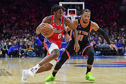 Feb 10, 2023; Philadelphia, Pennsylvania, USA; Philadelphia 76ers guard Tyrese Maxey (0) drives to the basket against New York Knicks guard Jalen Brunson (11) during the third quarter at Wells Fargo Center. Mandatory Credit: Eric Hartline-USA TODAY Sports