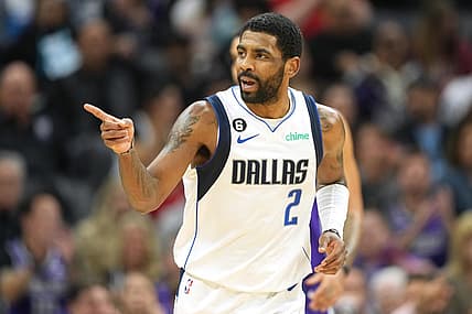 Feb 11, 2023; Sacramento, California, USA; Dallas Mavericks guard Kyrie Irving (2) gestures during the fourth quarter against the Sacramento Kings at Golden 1 Center. Mandatory Credit: Darren Yamashita-USA TODAY Sports