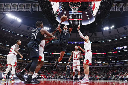 Feb 13, 2023; Chicago, Illinois, USA; Orlando Magic forward Paolo Banchero (5) goes to the basket against the Chicago Bulls during the first half at United Center. Mandatory Credit: Kamil Krzaczynski-USA TODAY Sports