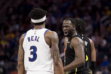 Feb 13, 2023; San Francisco, California, USA; Golden State Warriors forward Draymond Green (23) yells at Washington Wizards guard Bradley Beal (3) during the second half at Chase Center. Mandatory Credit: John Hefti-USA TODAY Sports