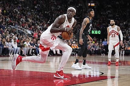 Feb 14, 2023; Toronto, Ontario, CAN; Toronto Raptors forward Pascal Siakam (43) controls the ball against the Orlando Magic during the second half at Scotiabank Arena. Mandatory Credit: John E. Sokolowski-USA TODAY Sports