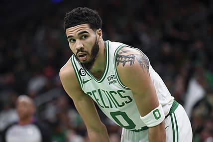 Feb 15, 2023; Boston, Massachusetts, USA;  Boston Celtics forward Jayson Tatum (0) during the first half against the Detroit Pistons at TD Garden. Mandatory Credit: Bob DeChiara-USA TODAY Sports