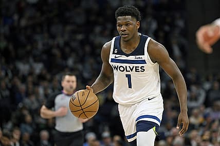 Feb 16, 2023; Minneapolis, Minnesota, USA;  Minnesota Timberwolves guard Anthony Edwards (1) brings the ball up-court against the Washington Wizards during the second quarter at Target Center. Mandatory Credit: Nick Wosika-USA TODAY Sports