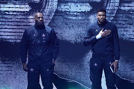 Feb 19, 2023; Salt Lake City, UT, USA; Team Lebron captain Lebron James (left) and Team Giannis captain Giannis Antetokoumpo (right) before the 2023 NBA All-Star Game at Vivint Arena. Mandatory Credit: Kirby Lee-USA TODAY Sports