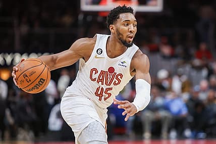 Feb 24, 2023; Atlanta, Georgia, USA; Cleveland Cavaliers guard Donovan Mitchell (45) dribbles against the Atlanta Hawks in the first quarter at State Farm Arena. Mandatory Credit: Brett Davis-USA TODAY Sports