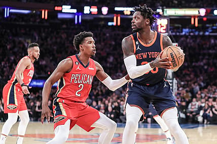 Feb 25, 2023; New York, New York, USA;  New York Knicks forward Julius Randle (30) looks to post up against New Orleans Pelicans guard Josh Richardson (2) in the second quarter at Madison Square Garden. Mandatory Credit: Wendell Cruz-USA TODAY Sports