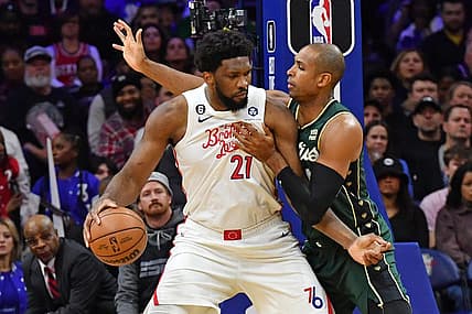 Feb 25, 2023; Philadelphia, Pennsylvania, USA; Philadelphia 76ers center Joel Embiid (21) is defended by Boston Celtics center Al Horford (42) during the second quarter at Wells Fargo Center. Mandatory Credit: Eric Hartline-USA TODAY Sports