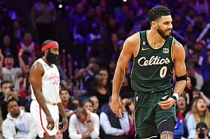 Feb 25, 2023; Philadelphia, Pennsylvania, USA; Boston Celtics forward Jayson Tatum (0) reacts after making a three point basket against the Philadelphia 76ers during the fourth quarter at Wells Fargo Center. Mandatory Credit: Eric Hartline-USA TODAY Sports