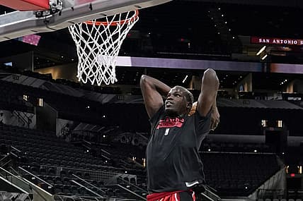 Dec 14, 2022; San Antonio, Texas, USA; Portland Trail Blazers center Ibou Badji (41) warms up before the game against the San Antonio Spurs at AT&T Center. Mandatory Credit: Scott Wachter-USA TODAY Sports