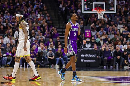 Dec 30, 2022; Sacramento, California, USA; Sacramento Kings guard De'Aaron Fox (5) during the game against the Utah Jazz at Golden 1 Center. Mandatory Credit: Sergio Estrada-USA TODAY Sports