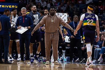 Jan 18, 2023; New Orleans, Louisiana, USA; New Orleans Pelicans forward Zion Williamson (1) meets his teammates during a time out against the Miami Heat during the first half at Smoothie King Center. Mandatory Credit: Stephen Lew-USA TODAY Sports