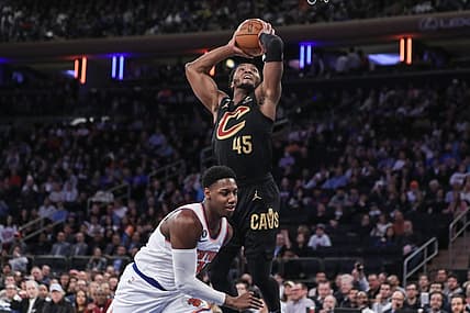 Jan 24, 2023; New York, New York, USA;  Cleveland Cavaliers guard Donovan Mitchell (45) goes up for a dunk in the first quarter against the New York Knicks at Madison Square Garden. Mandatory Credit: Wendell Cruz-USA TODAY Sports