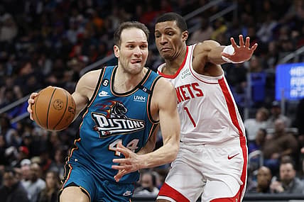 Jan 28, 2023; Detroit, Michigan, USA;  Detroit Pistons forward Bojan Bogdanovic (44) dribbles defended by Houston Rockets forward Jabari Smith Jr. (1) in the second half at Little Caesars Arena. Mandatory Credit: Rick Osentoski-USA TODAY Sports