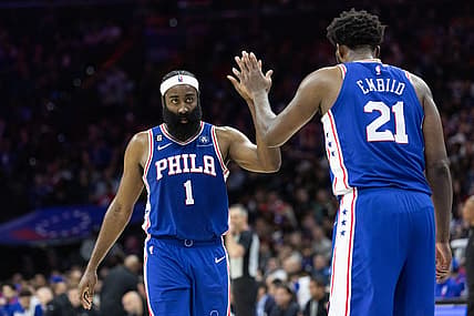 Feb 23, 2023; Philadelphia, Pennsylvania, USA; Philadelphia 76ers guard James Harden (1) and center Joel Embiid (21) high five after a score against the Memphis Grizzlies during the fourth quarter at Wells Fargo Center. Mandatory Credit: Bill Streicher-USA TODAY Sports