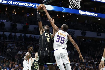 Mar 1, 2023; Charlotte, North Carolina, USA; Charlotte Hornets center Mark Williams (5) has his shot blocked by Phoenix Suns forward Kevin Durant (35) during first half action at Spectrum Center. Mandatory Credit: Brian Westerholt-USA TODAY Sports