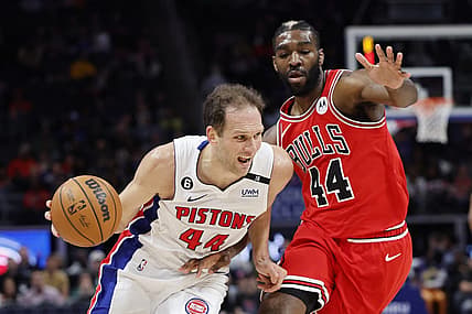 Mar 1, 2023; Detroit, Michigan, USA;  Detroit Pistons forward Bojan Bogdanovic (44) dribbles the ball against  Chicago Bulls forward Patrick Williams (44) in the first half at Little Caesars Arena. Mandatory Credit: Rick Osentoski-USA TODAY Sports