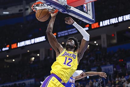Mar 1, 2023; Oklahoma City, Oklahoma, USA; Los Angeles Lakers center Mo Bamba (12) dunks against the Oklahoma City Thunder during the second half at Paycom Center.  Mandatory Credit: Alonzo Adams-USA TODAY Sports