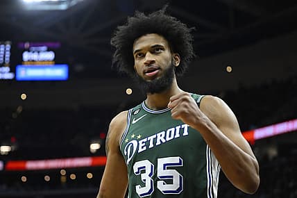 Mar 4, 2023; Cleveland, Ohio, USA; Detroit Pistons forward Marvin Bagley III (35) reacts in the fourth quarter against the Cleveland Cavaliers at Rocket Mortgage FieldHouse. Mandatory Credit: David Richard-USA TODAY Sports