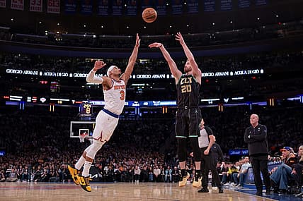 Mar 7, 2023; New York, New York, USA; Charlotte Hornets forward Gordon Hayward (20) shoots the ball against the New York Knicks against New York Knicks guard Josh Hart (3) during the first half at Madison Square Garden. Mandatory Credit: Vincent Carchietta-USA TODAY Sports