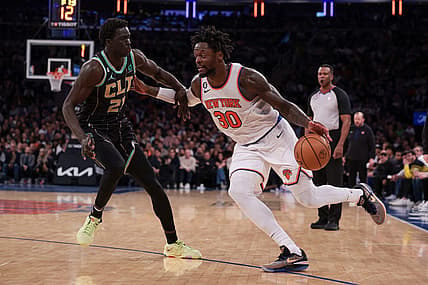 Mar 7, 2023; New York, New York, USA; New York Knicks forward Julius Randle (30) dribbles against Charlotte Hornets forward JT Thor (21) during the second half at Madison Square Garden. Mandatory Credit: Vincent Carchietta-USA TODAY Sports