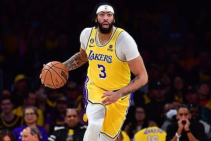 Mar 7, 2023; Los Angeles, California, USA; Los Angeles Lakers forward Anthony Davis (3) moves the ball up court against the Memphis Grizzlies during the first half at Crypto.com Arena. Mandatory Credit: Gary A. Vasquez-USA TODAY Sports