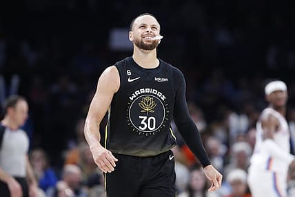 Mar 7, 2023; Oklahoma City, Oklahoma, USA; Golden State Warriors guard Stephen Curry (30) reacts after a play against the Oklahoma City Thunder during the second half at Paycom Center. Oklahoma City won 137-128. Mandatory Credit: Alonzo Adams-USA TODAY Sports