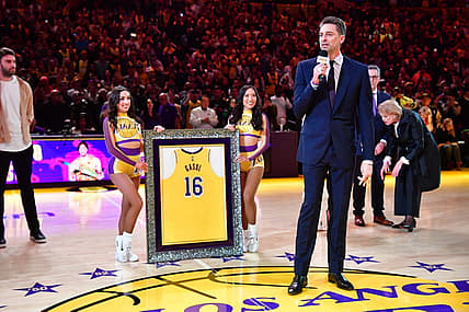 Mar 7, 2023; Los Angeles, California, USA; Former Los Angeles Lakers player Pau Gasol speaks as his number is retired during halftime at Crypto.com Arena. Mandatory Credit: Gary A. Vasquez-USA TODAY Sports