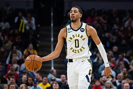 Mar 9, 2023; Indianapolis, Indiana, USA;  Indiana Pacers guard Tyrese Haliburton (0) dribbles the ball in the second quarter against the Houston Rockets at Gainbridge Fieldhouse. Mandatory Credit: Trevor Ruszkowski-USA TODAY Sports