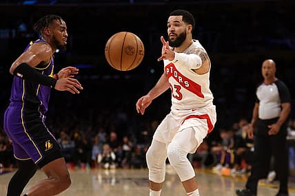 Mar 10, 2023; Los Angeles, California, USA; Toronto Raptors guard Fred VanVleet (23) passes the ball during the first quarter against the Los Angeles Lakers at Crypto.com Arena. Mandatory Credit: Kiyoshi Mio-USA TODAY Sports