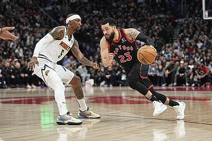 Mar 14, 2023; Toronto, Ontario, CAN; Toronto Raptors guard Fred VanVleet (23) dribbles the basketball against Denver Nuggets guard Kentavious Caldwell-Pope (5) during the first half at Scotiabank Arena. Mandatory Credit: John E. Sokolowski-USA TODAY Sports
