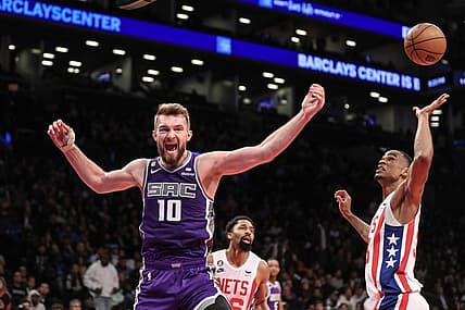 Mar 16, 2023; Brooklyn, New York, USA;  Sacramento Kings forward Domantas Sabonis (10) reacts after loosing the ball in the second quarter against the Brooklyn Nets at Barclays Center. Mandatory Credit: Wendell Cruz-USA TODAY Sports