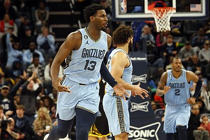 Mar 18, 2023; Memphis, Tennessee, USA; Memphis Grizzlies forward Jaren Jackson Jr. (13) reacts after a basket during the second half against the Golden State Warriors at FedExForum. Mandatory Credit: Petre Thomas-USA TODAY Sports