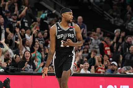 Mar 19, 2023; San Antonio, Texas, USA; San Antonio Spurs guard Blake Wesley (14) celebrates in the second half against the Atlanta Hawks at the AT&T Center. Mandatory Credit: Daniel Dunn-USA TODAY Sports