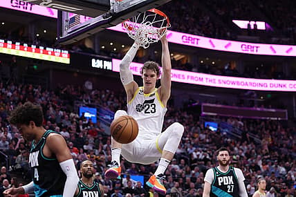 Mar 22, 2023; Salt Lake City, Utah, USA; Utah Jazz forward Lauri Markkanen (23) dunks the ball against the Portland Trail Blazers in the third quarter at Vivint Arena. Mandatory Credit: Rob Gray-USA TODAY Sports
