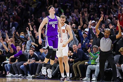 Mar 24, 2023; Sacramento, California, USA; Sacramento Kings guard Kevin Huerter (9) celebrates after a basket during the third quarter against the Phoenix Suns at Golden 1 Center. Mandatory Credit: Sergio Estrada-USA TODAY Sports