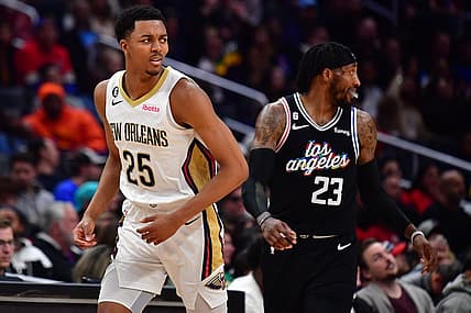 Mar 25, 2023; Los Angeles, California, USA; New Orleans Pelicans guard Trey Murphy III (25) reacts after scoring a basket against the Los Angeles Clippers during the second half at Crypto.com Arena. Mandatory Credit: Gary A. Vasquez-USA TODAY Sports