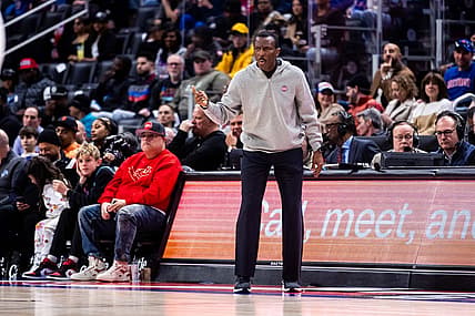 Mar 19, 2023; Detroit, Michigan, USA; Detroit Pistons head coach Dwane Casey calls to his team in the second half against the Miami Heat at Little Caesars Arena. Mandatory Credit: Allison Farrand-USA TODAY Sports