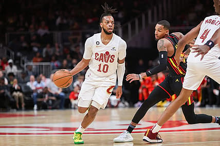 Mar 28, 2023; Atlanta, Georgia, USA; Cleveland Cavaliers guard Darius Garland (10) dribbles against the Atlanta Hawks in the first quarter at State Farm Arena. Mandatory Credit: Brett Davis-USA TODAY Sports