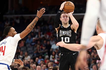 Mar 31, 2023; Memphis, Tennessee, USA; Memphis Grizzlies guard Luke Kennard (10) shoots a three point basket during the first half against the Los Angeles Clippers at FedExForum. Mandatory Credit: Petre Thomas-USA TODAY Sports