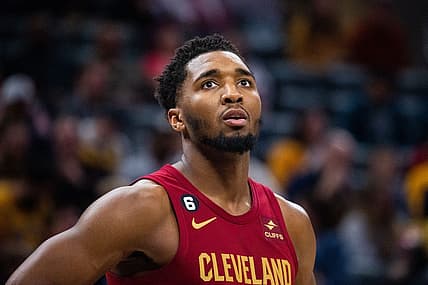 Feb 5, 2023; Indianapolis, Indiana, USA; Cleveland Cavaliers guard Donovan Mitchell (45) in the second half against the Indiana Pacers at Gainbridge Fieldhouse. Mandatory Credit: Trevor Ruszkowski-USA TODAY Sports