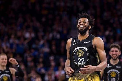 Feb 13, 2023; San Francisco, California, USA;  Golden State Warriors forward Andrew Wiggins (22) against the Washington Wizards during the second half at Chase Center. Mandatory Credit: John Hefti-USA TODAY Sports