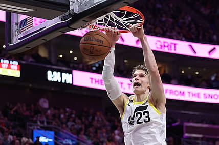 Mar 22, 2023; Salt Lake City, Utah, USA; Utah Jazz forward Lauri Markkanen (23) dunks the ball against the Portland Trail Blazers in the third quarter at Vivint Arena. Mandatory Credit: Rob Gray-USA TODAY Sports