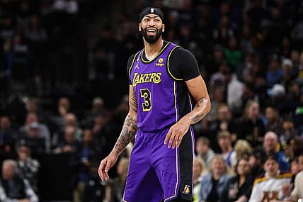 Mar 31, 2023; Minneapolis, Minnesota, USA; Los Angeles Lakers forward Anthony Davis (3) looks on during the first quarter against the Minnesota Timberwolves at Target Center. Mandatory Credit: Matt Krohn-USA TODAY Sports