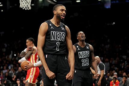 Mar 31, 2023; Brooklyn, New York, USA; Brooklyn Nets forward Mikal Bridges (1) reacts after a basket against the Atlanta Hawks during the fourth quarter at Barclays Center. Mandatory Credit: Brad Penner-USA TODAY Sports