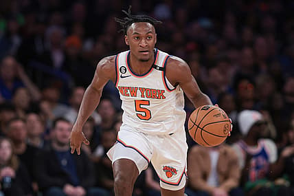 Apr 2, 2023; New York, New York, USA; New York Knicks guard Immanuel Quickley (5) dribbles up court during the first quarter against the Washington Wizards at Madison Square Garden. Mandatory Credit: Vincent Carchietta-USA TODAY Sports