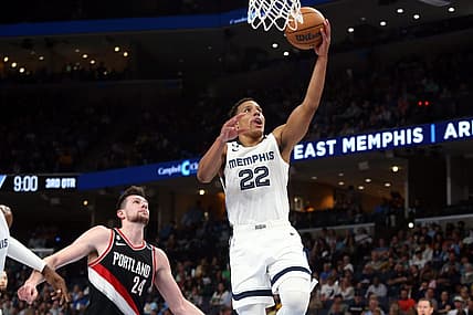 Apr 4, 2023; Memphis, Tennessee, USA; Memphis Grizzlies guard Desmond Bane (22) drives to the basket during the second half against the Portland Trail Blazers at FedExForum. Mandatory Credit: Petre Thomas-USA TODAY Sports