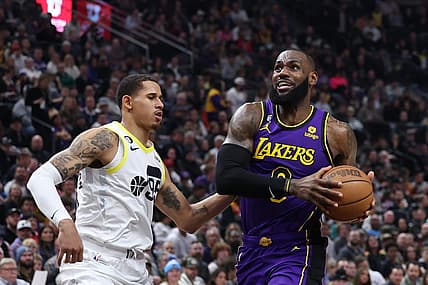 Apr 4, 2023; Salt Lake City, Utah, USA; Los Angeles Lakers forward LeBron James (6) drives against Utah Jazz forward Juan Toscano-Anderson (95) in the second quarter at Vivint Arena. Mandatory Credit: Rob Gray-USA TODAY Sports