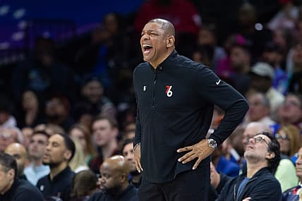 Apr 4, 2023; Philadelphia, Pennsylvania, USA; Philadelphia 76ers head coach Doc Rivers reacts during the fourth quarter against the Boston Celtics at Wells Fargo Center. Mandatory Credit: Bill Streicher-USA TODAY Sports