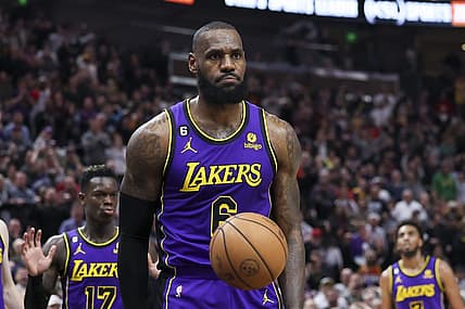Apr 4, 2023; Salt Lake City, Utah, USA; Los Angeles Lakers forward LeBron James (6) reacts to being called for a foul against the Utah Jazz in the last minute of the fourth quarter at Vivint Arena. Mandatory Credit: Rob Gray-USA TODAY Sports